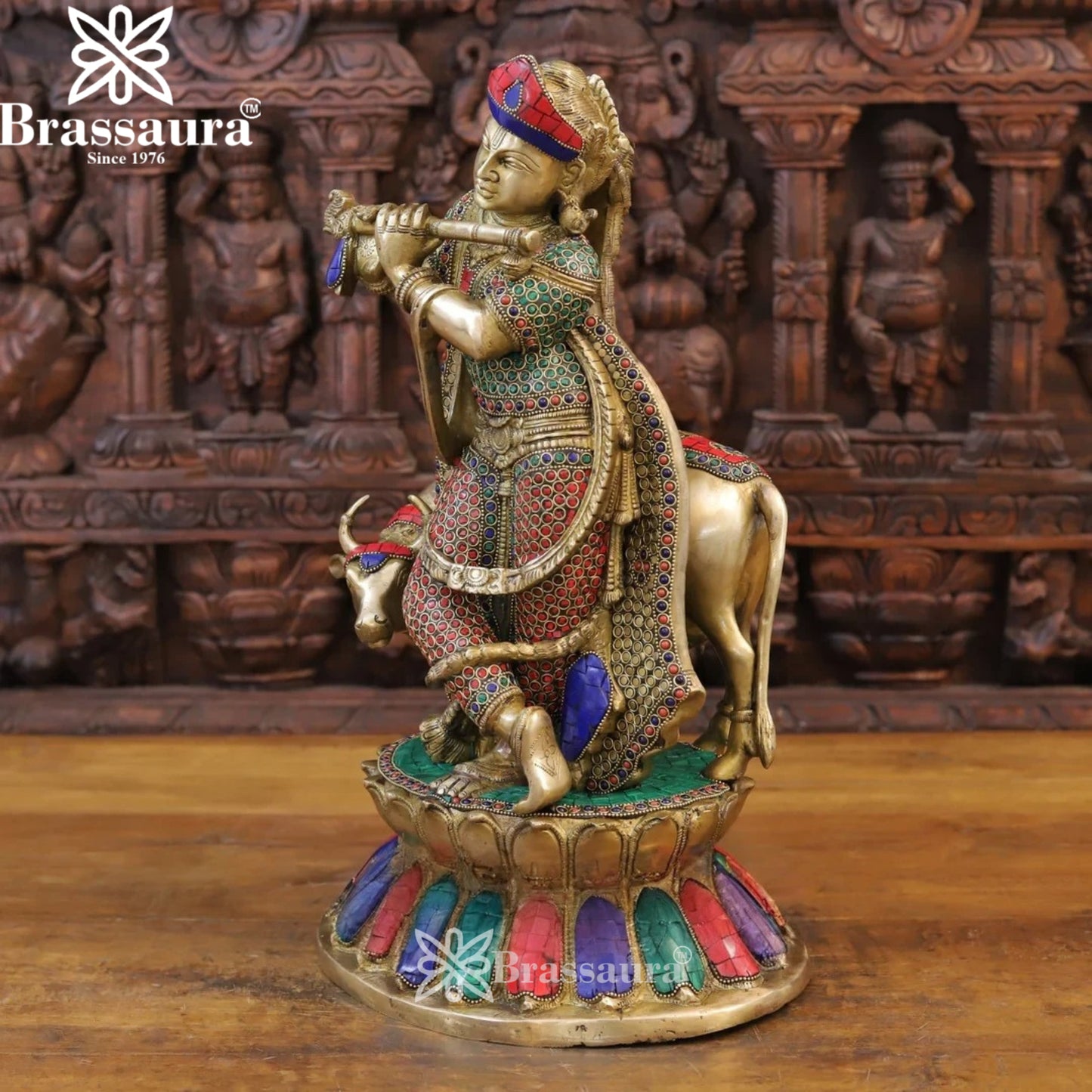 Brass Gem Stone Work Cow Krishna Murti Weight 16.3 Kg And Height 19.5 Inch