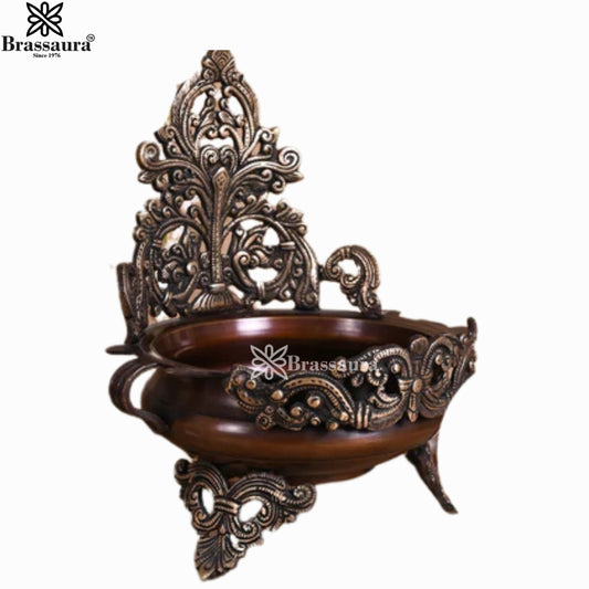 Brassaura® Antique Brass Urli with Ornamental Backrest | Handcrafted Decorative Centerpiece | Height 12 Inches & Weight 2.76 Kgs