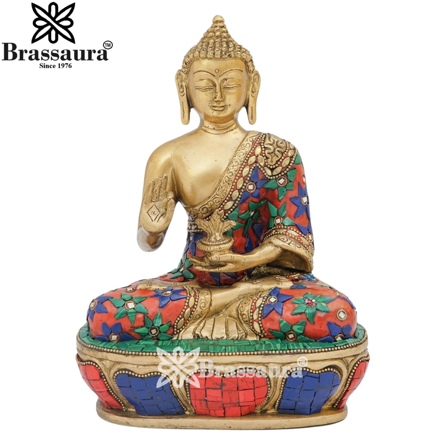 Brass Blessing Gem Stone Work Buddha Weight 3.5 kg & Height 9 Inch