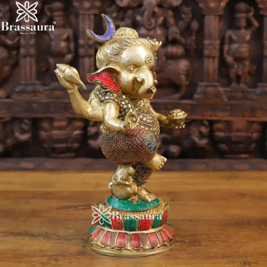 Brass Gem Stone Work Dancing Ganesha Weight 8 Kg & Height 15 Inch