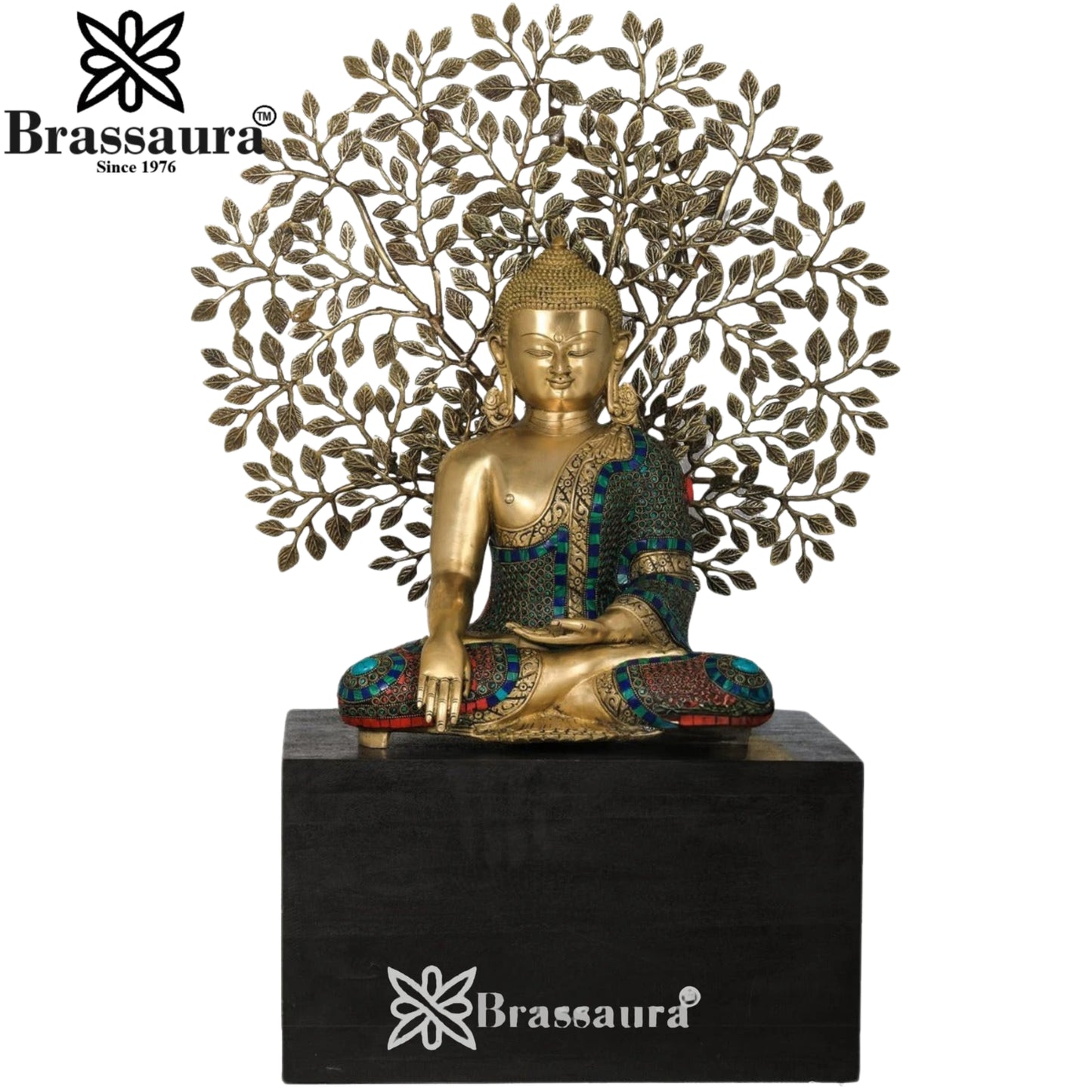 Brass Gem Stone Work Tree Buddha Weight 30 kg & Height 34 Inch