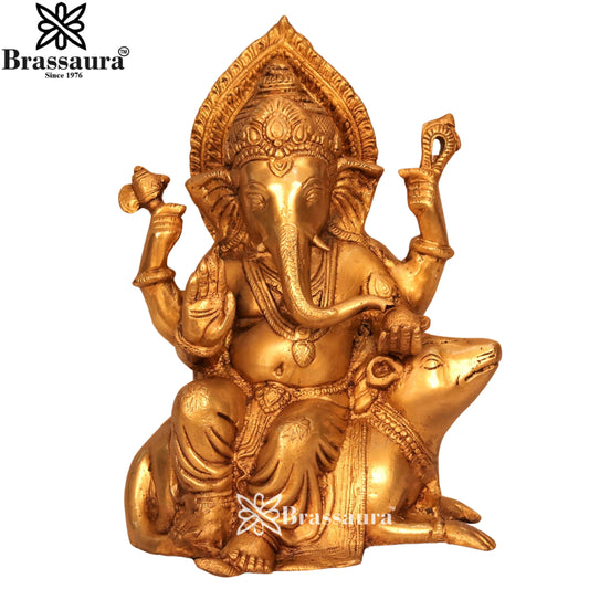 Brass Ganesha On Rat Statue Weight 6.1 Kg & Height 11.5 Inch