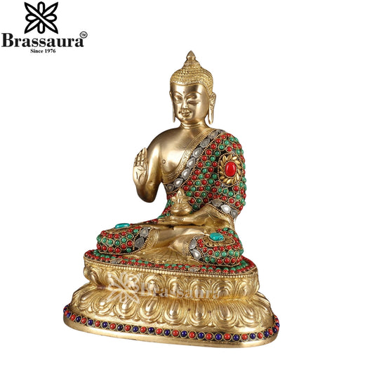Brass Blessing Gem Stone Work Multicolored Buddha Weight 4.4 kg & Height 11 Inch