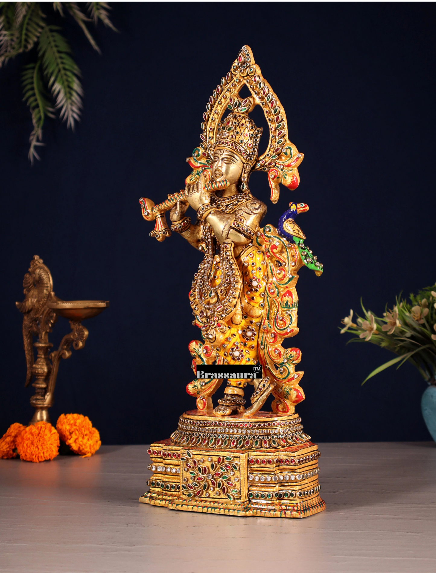 BrassAura™ Pure Brass Lord Krishna Statue – Laakh Meenakari Work | Height 13.5 Inch | Weight 3.3 Kg
