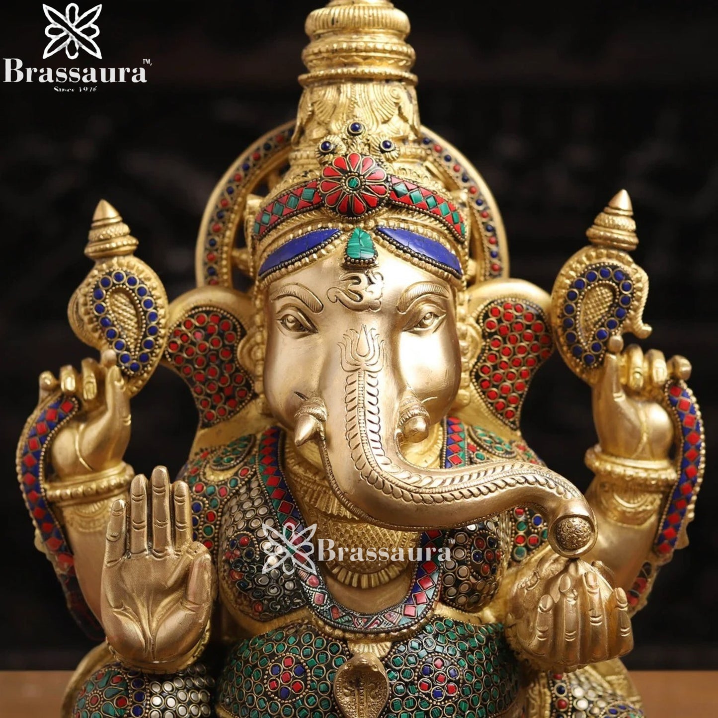 Brass Gem Stone Work Ganesha Weight 22.8 Kg & Height 20 Inch