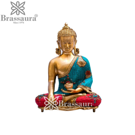 Brass Bhumisprasa Gem Stone Work Buddha Weight 10.4 kg & Height 16 Inch