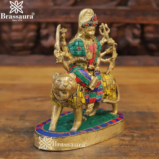 Brass Gem Stone Work Durga Maa Brass Idol for Home, Temple & Festive Decor Height 9.5 Inches & Weight 3.52 kgs