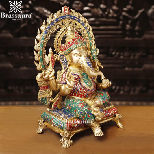 Brass Gem Stone Work Ring Ganesha Weight 19.6 Kg & Height 20 Inch