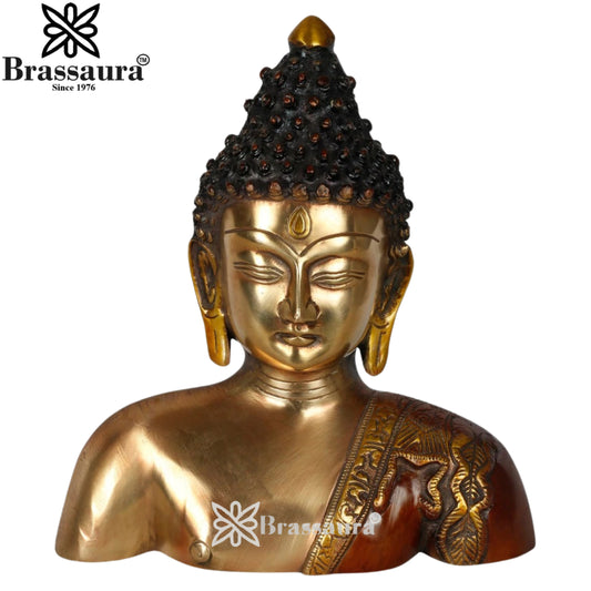 Brassaura® Buddha Bust Decorative Statue with Antique Brown & Gold Finish | Pure Superfine Brass Handcrafted Murti | Brass Statue for Home Temple, Pooja Room | Height 9 Inches | Weight 3 Kgs
