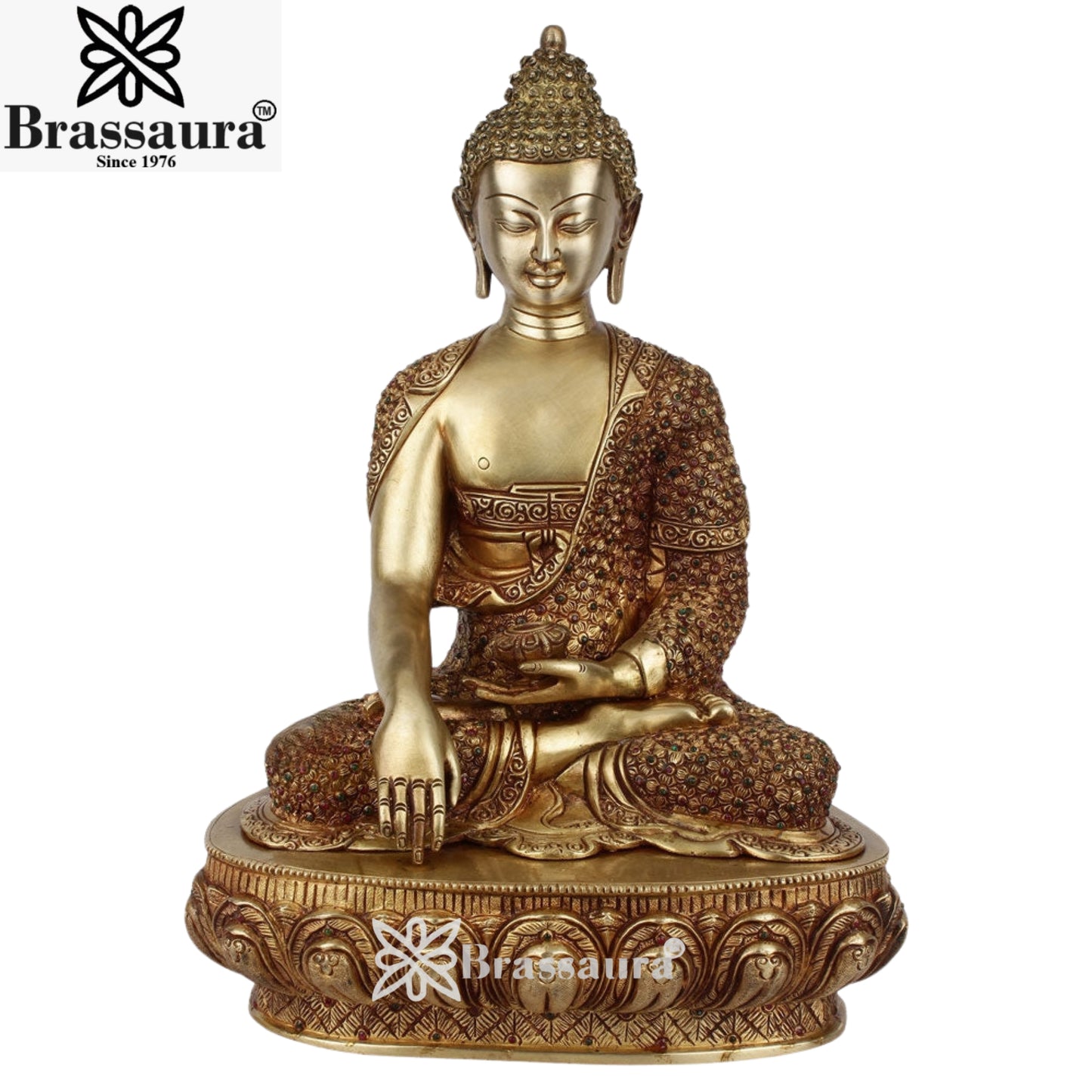 Brass Gem Stone Work Bhumisprasa Buddha Weight 11.5 kg & Height 17 Inch