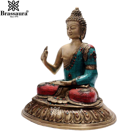 Brassaura® Gem Stone Work Buddha Idol for Home & Décor | Pure Superfine Brass Handcrafted Murti, Brass Statue for Home Temple, Pooja Room | Height 20 Inches | Weight 15 Kg
