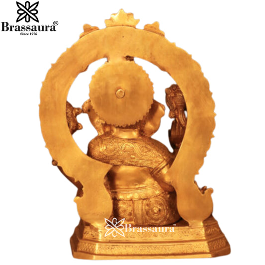 Brassaura® Chola Inspired Ganesha Brass Idol on Sinhansana | Ornate Temple Artwork | Height 15.2 Inches