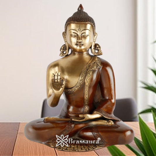 Brassaura® Buddha Seated Blessing Pose Idol with Silver And Golden Finish | Pure Superfine Brass Handcrafted Murti | Brass Statue for Home Temple, Pooja Room | Height 13 Inches | Weight 6 Kgs