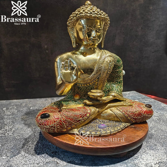 Brassaura® Buddha Sitting in Blessing Mudra Idol with Gem Stone Work Finish | Pure Superfine Brass Handcrafted Murti | Brass Statue for Home Temple, Pooja Room | Height 12 Inches | Weight 5.8 Kgs
