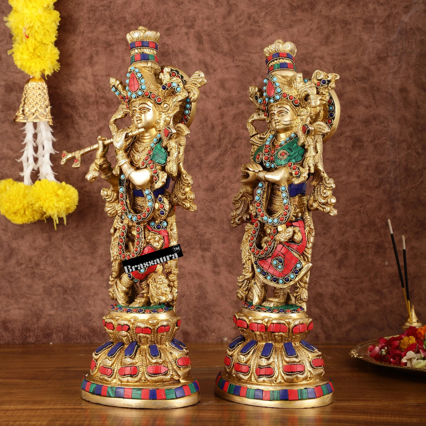 Brassaura™ Intricately Crafted Brass Radha Krishna Idols with Stonework – Height 15 Inches & Weight 10 Kgs | Divine Love Pair