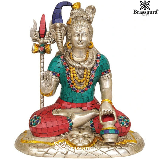 Brassaura™ Brass Gemstone Work Lord Shiva Idol – 10 Inches & Weight 4 Kgs | Divine Home Décor