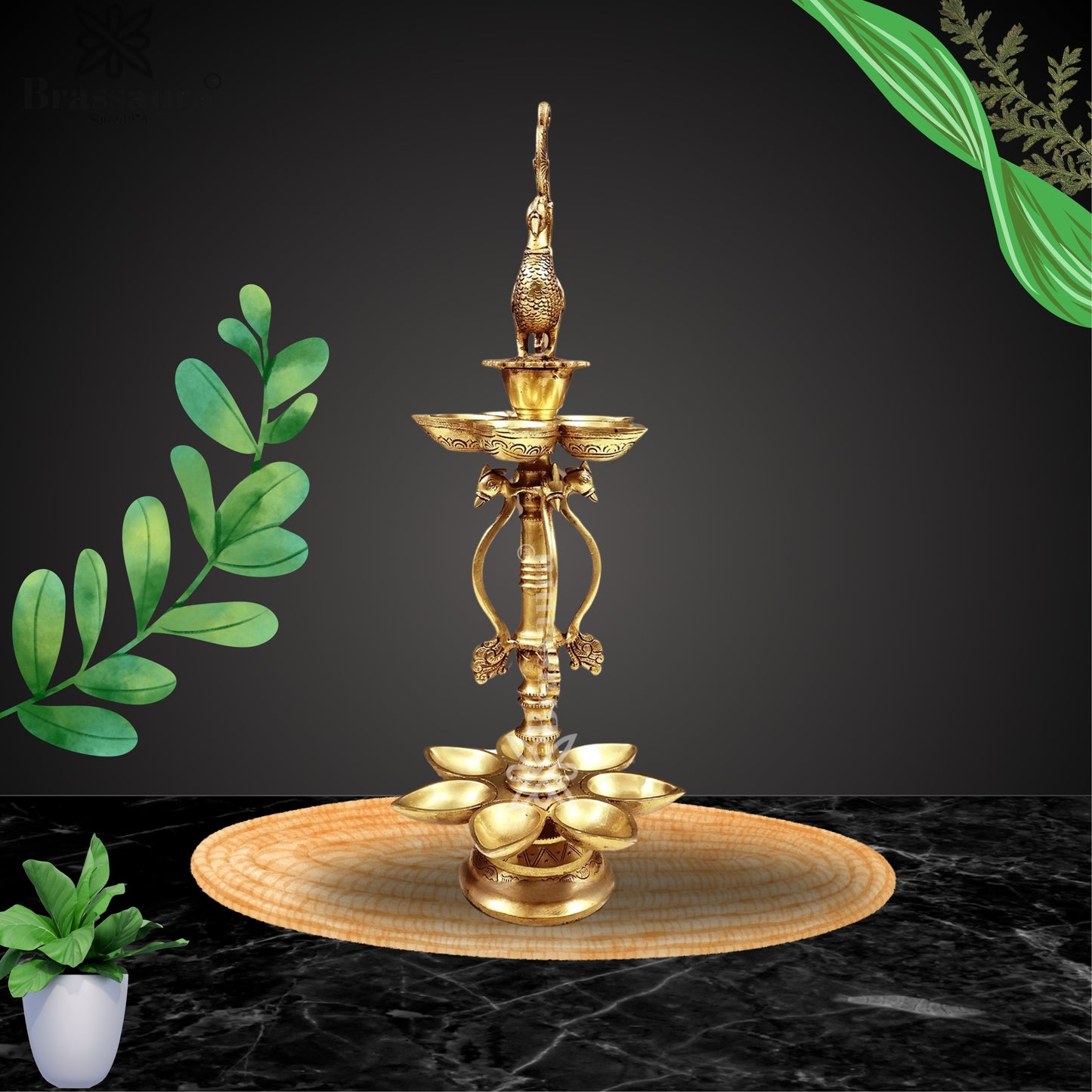 Brass 12 Wick Diya Weight 4.4 Kg And Height 20 Inch