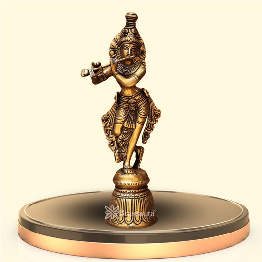 Brassaura® Brass Lord Krishna Playing Flute Idol | Handcrafted Brass Krishna Statue for Home Temple, Pooja Room & Spiritual Décor | Height 11 Inches | Weight 1.9 Kg