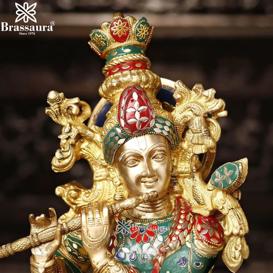 Brassaura® Lord Krishna Playing Flute with Cow Idol with Multi-Color Finish | Pure Superfine Brass Handcrafted Murti | Brass Statue for Home Temple, Pooja Room | Height 26 Inches | Weight 23.7 Kgs