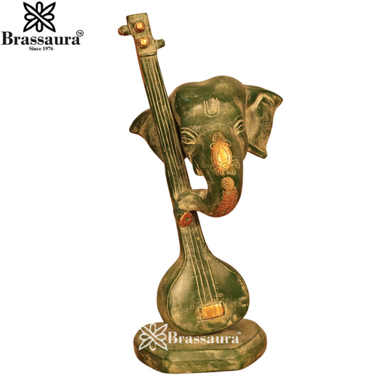 Brass Antique Ganesha & Guitar Statue Weight 3.2 Kg & Height 12.2 Inch