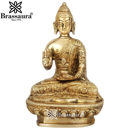 Brassaura® Buddha Seated Blessing Idol with Golden Brass Finish | Pure Superfine Brass Handcrafted Murti | Brass Statue for Home Temple, Pooja Room | Height 5.5 Inches | Weight 0.7 Kgs