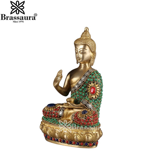 Brass Blessing Gem Stone Work Multicolored Buddha Weight 3 kg & Height 9 Inch