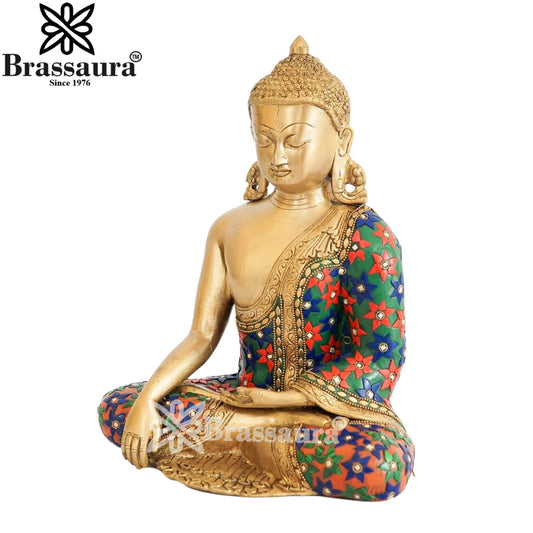 Brassaura® Buddha Sitting in Bhumisparsha Mudra with Red, Blue & Green Floral Inlay and Antique Gold Finish | Pure Superfine Brass Handcrafted Murti | Brass Statue for Home Temple, Pooja Room | Height 12 Inches | Weight 6 Kgs