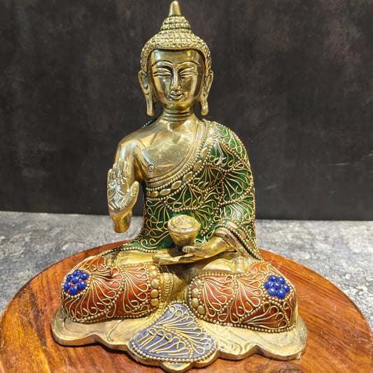 Brassaura® Buddha Sitting in Blessing Mudra Idol with Gem Stone Work Finish | Pure Superfine Brass Handcrafted Murti | Brass Statue for Home Temple, Pooja Room | Height 7.5 Inches | Weight 2 Kgs