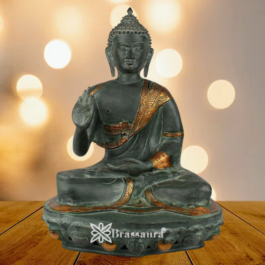 Brassaura® Buddha Sitting in Blessing Mudra Idol with Antique Black & Gold Finish | Pure Superfine Brass Handcrafted Murti | Brass Statue for Home Temple, Pooja Room | Height 19 Inches | Weight 10.5 Kgs