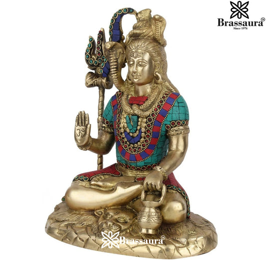 Brassaura™ Exquisite Brass Gemstone Work Shiva Murti – Height 10 Inches & Weight 4.3 Kgs | Hindu Temple Idol