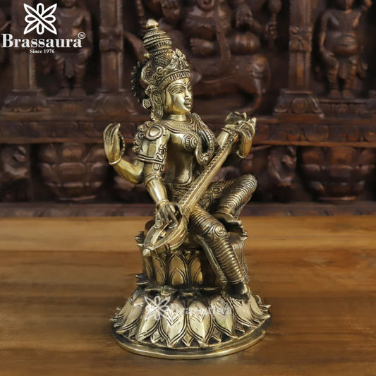 Brassaura™ Premium Brass Gem Stone Work Saraswati Idol – Height 14 Inches & Weight 7.62 Kgs | Devotional Statue