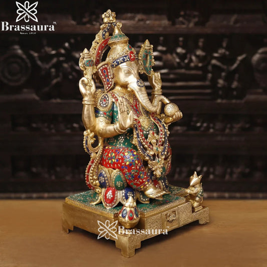 Brass Gem Stone Work Lotus Jewellery Ganesha Weight 33.5 Kg & Height 24 Inch