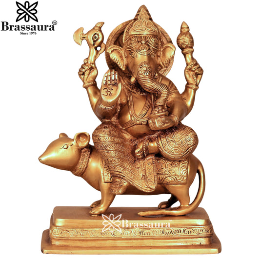 Brass Ganesha On Rat Statue Weight 3.7 Kg & Height 10 Inch