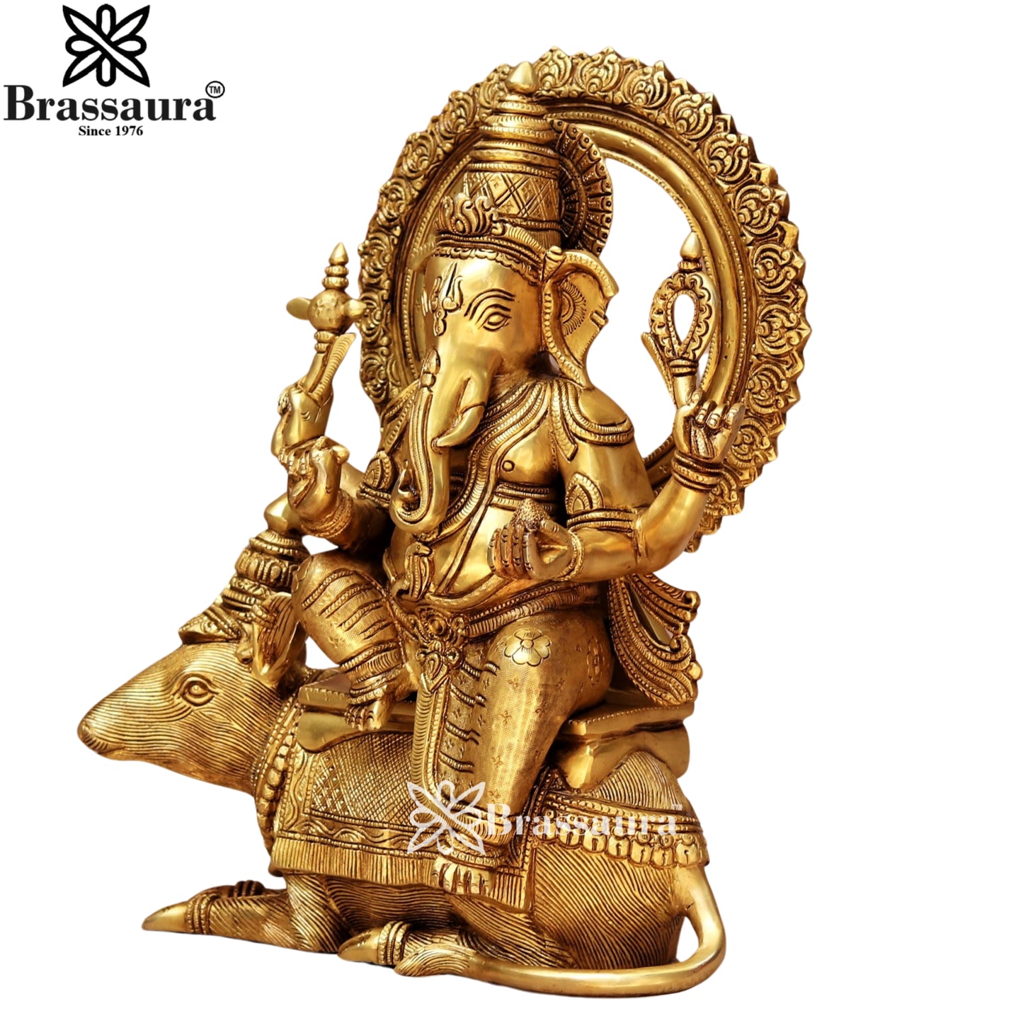 Brass Super fine Ganesha On Rat Statue Weight 14.2 Kg & Height 16 Inch