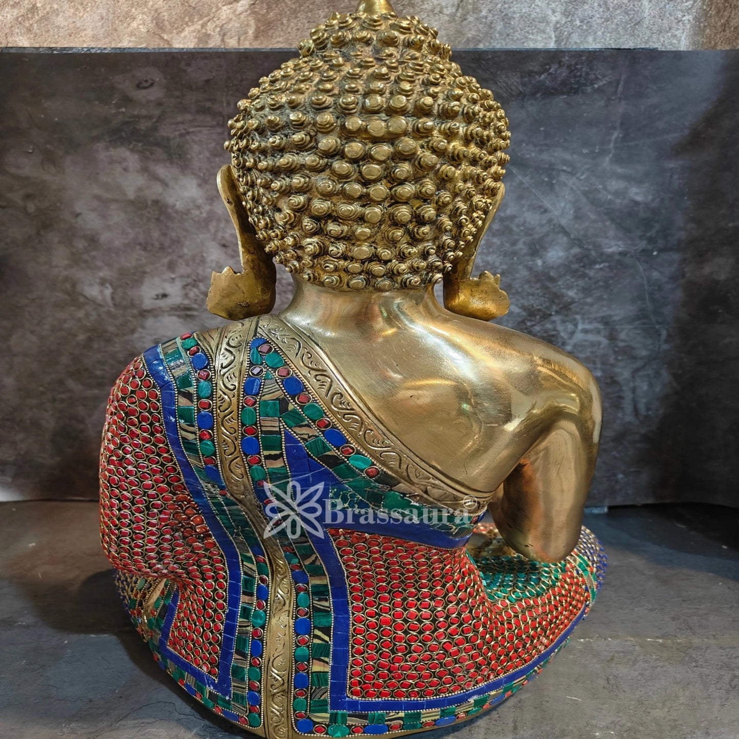 Brass Blessing Gem Stone Work Multicolored Buddha Weight 17.5 kg & Height 19 Inch