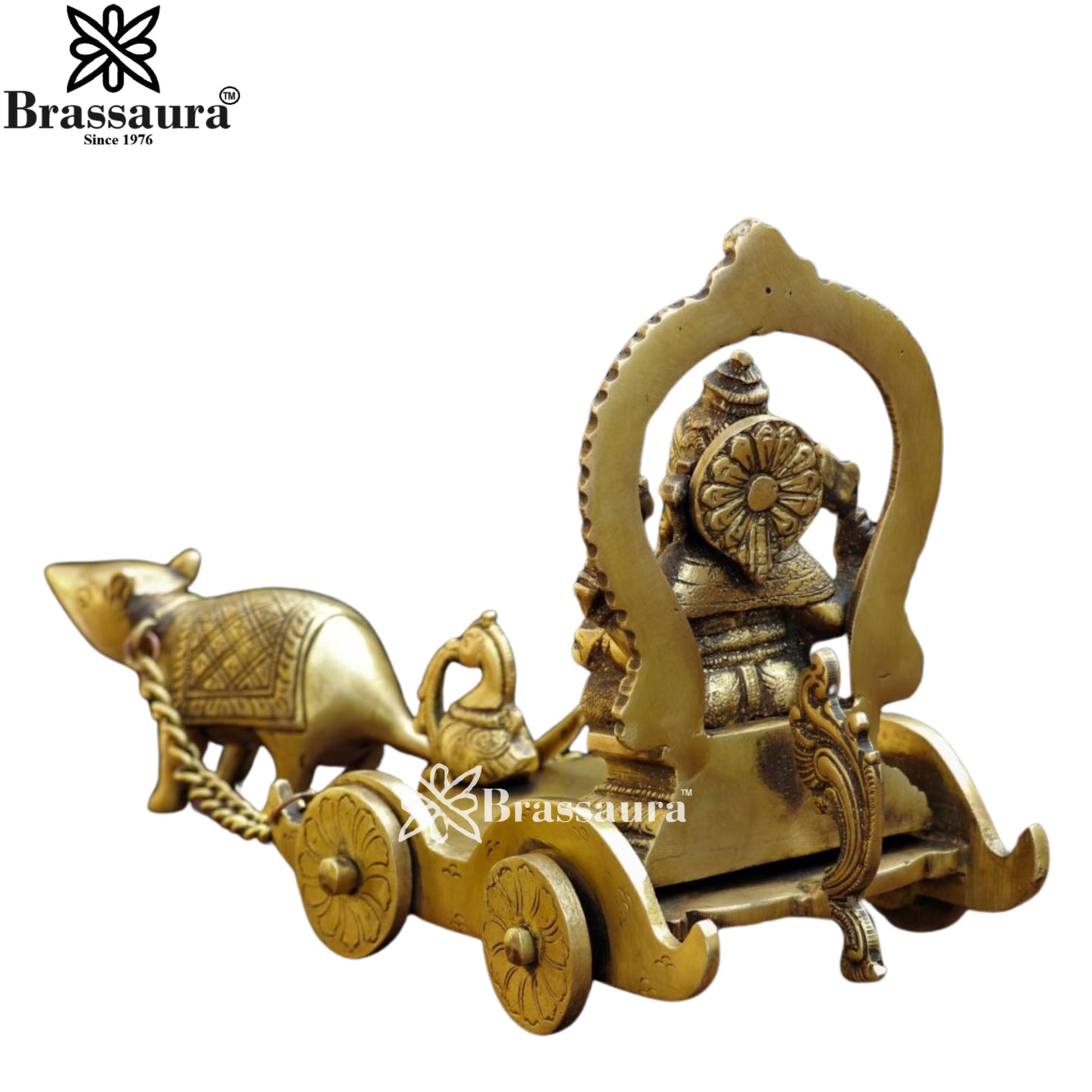 Brass Ganesha On Mushak Chariot Weight 2.2 Kg & Height 7 Inch