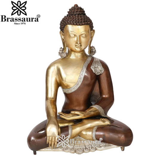 Brassaura® Buddha Bhumisparsha Mudra Sitting Idol with Antique Brown & Gold Finish | Pure Superfine Brass Handcrafted Murti | Brass Statue for Home Temple, Pooja Room | Height 21 Inches | Weight 18 Kgs