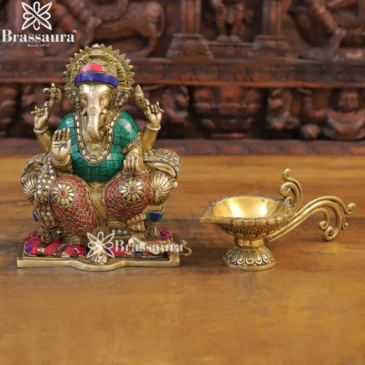 Brass Gem Stone Work Ganesha Weight 4.82 Kg & Height 9.5 Inch