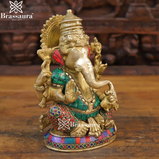 Brass Gem Stone Work Ganesha Weight 4.14 Kg & Height 9.5 Inch