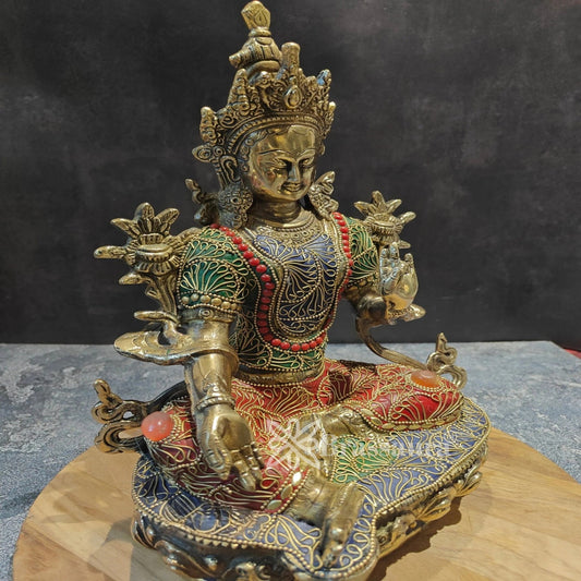 Brass Gem Stone Work Tara Weight 4.8 Kg & Height 13 Inch