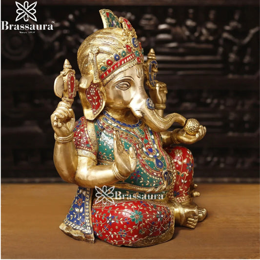 Brass Gem Stone Work Turban Ganesha Weight 27.9 Kg & Height 21 Inch