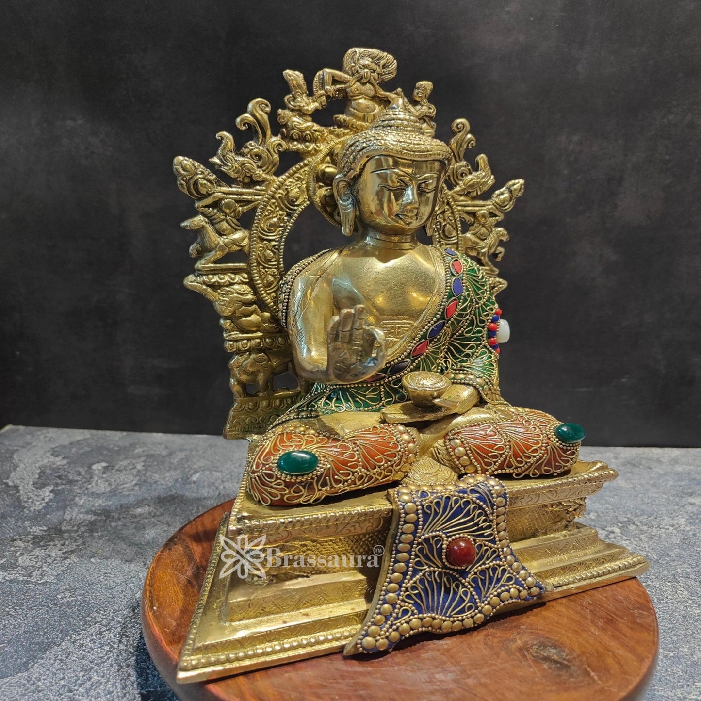 Brass Blessing Gem Stone Work Buddha Weight 5.1 kg & Height 12 Inch