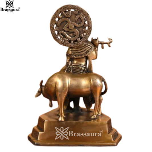 Brassaura® Premium Brass Lord Krishna Playing Flute with Sacred Cow Idol | Handcrafted Brass Krishna Murti for Home Temple, Mandir & Spiritual Décor | Height 10 Inches | Weight 2.47 Kg