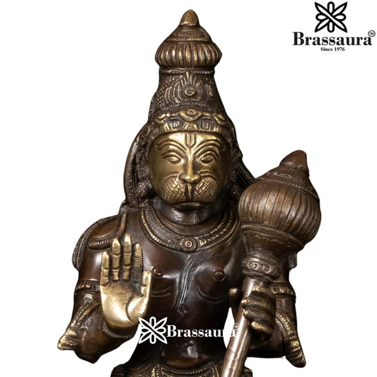 Brassaura® Hanuman Standing Abhaya Mudra Idol with Antique Brown Finish | Pure Superfine Brass Handcrafted Murti | Brass Statue for Home Temple, Pooja Room | Height 16 Inches | Weight 4.8 Kgs