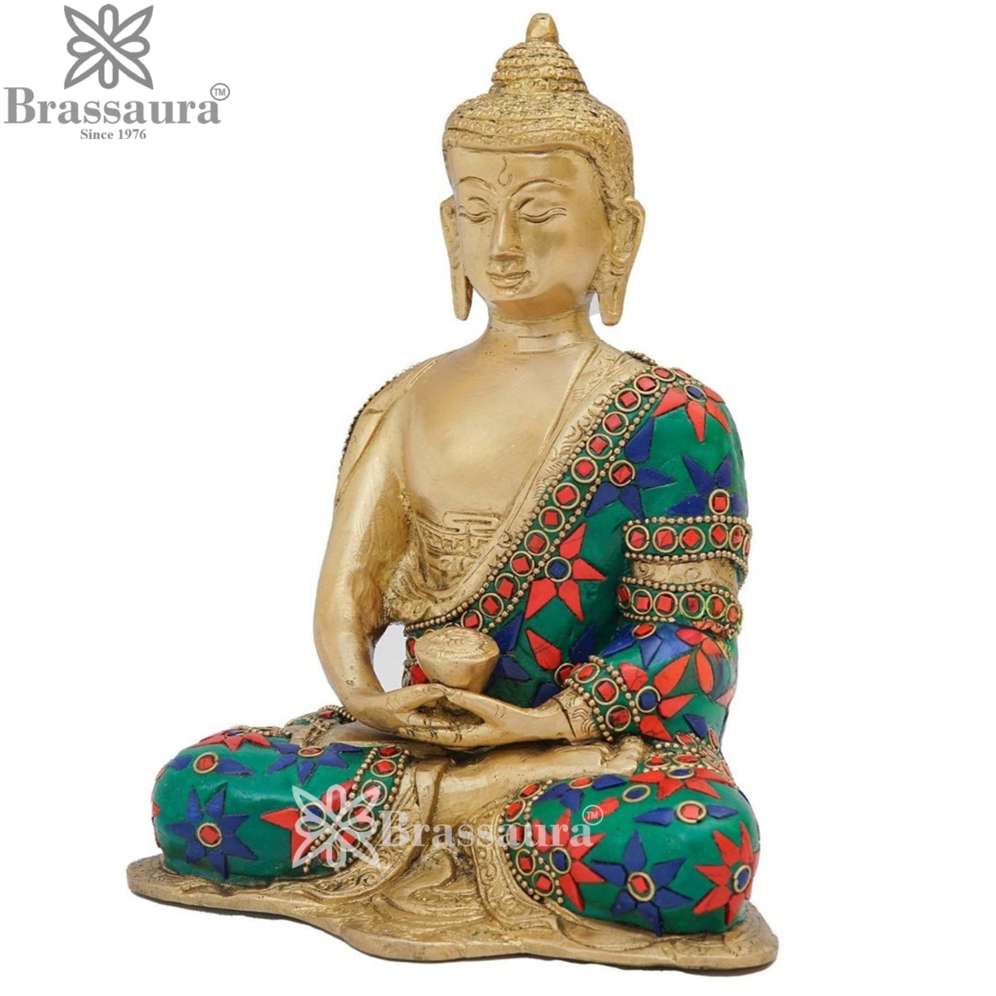 Brass Gem Stone Work Multicolored Buddha Weight 2.1 kg & Height 8 Inch
