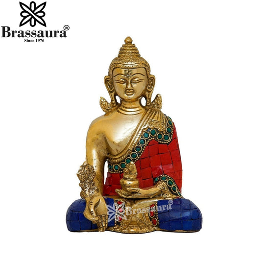 Brass Bhumisprasa Gem Stone Work Buddha Weight 1.1 kg & Height 6 Inch