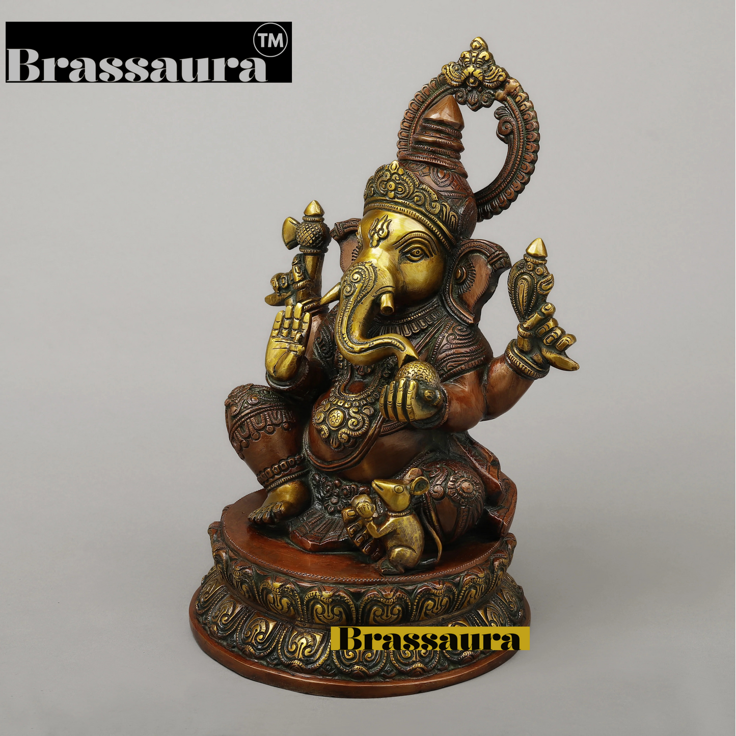 Brassaura™ Brass Ganesh on Pedestal in Blessing Posture – Height 14.5 Inches, Weight 11.37 Kgs