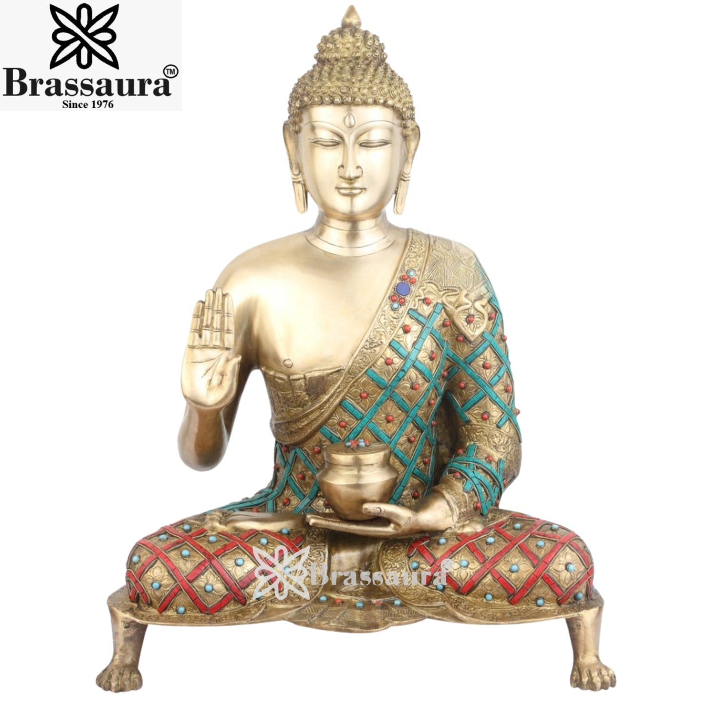 Brass Blessing Gem Stone Work Buddha With Base Weight 22 Kg & Height 26 Inch