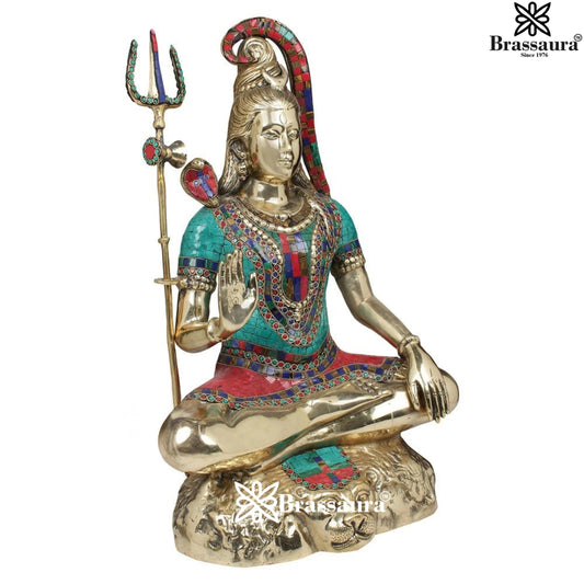 Brassaura™ Brass Gem Stone Work Lord Shiva Murti – Height 24 Inches & Weight 18.5 Kgs | Devotional Home Décor