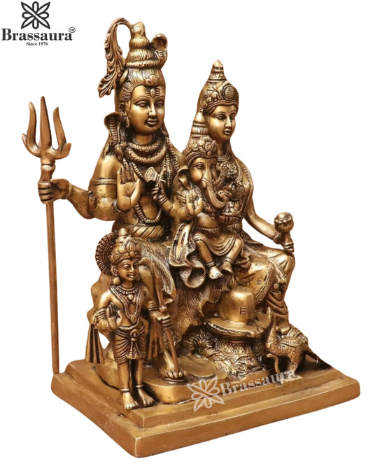 Brassaura® Brass Shiv Parivar Statue with Golden Brass Finish | Pure Superfine Brass Handcrafted Murti | Brass Statue for Home Temple, Pooja Room | Height 16 Inches | Weight 14.6 Kgs